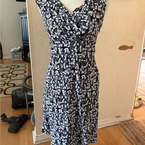 LOFT Black and White Leaf Print Midi Dress